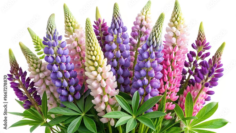 Fototapeta premium A vibrant collection of Lupinus flowers in pink, purple and white hues