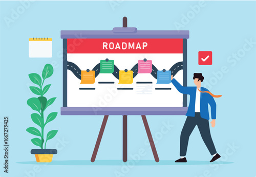 Vector illustration of employee marking progress on whiteboard roadmap with sticky notes milestone achievement