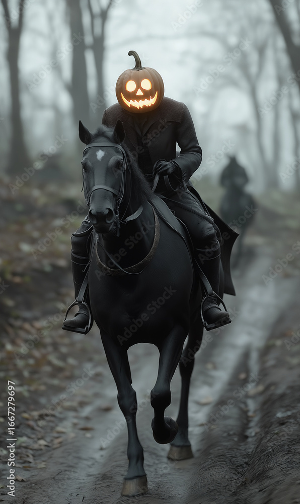 Fototapeta premium A mysterious glowing pumpkin headed figure rides a majestic black horse along a damp forest path during a foggy autumn twilight, creating eerie spooky Halloween atmosphere perfect for holiday events.