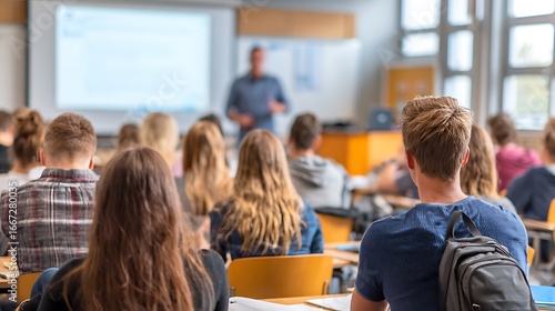 Concentrated student giving a presentation at the front of the room and many attentive students and teacher in an educational environment and a large room