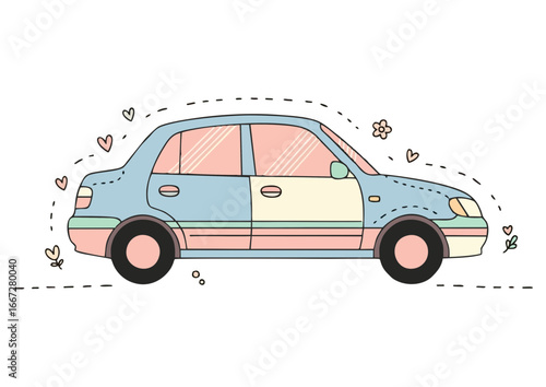 Stylized blue convertible car against a bright yellow background, vector illustration 