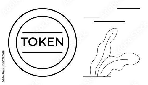 Circular token with bold text surrounded by minimal abstract plant and lines. Ideal for blockchain, cryptocurrency, tokenization, financial system, digital economy, eco-friendly design, seamless flat