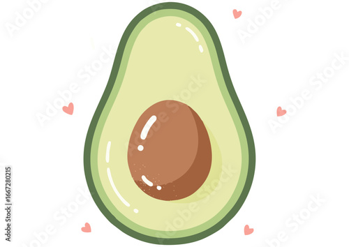 Cute avocado slice illustration with green flesh and brown pit on white background