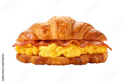 Croissant breakfast sandwich with scrambled eggs and bacon isolated on transparent background