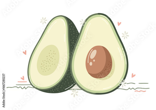 Cute avocado slice illustration with green flesh and brown pit on white background