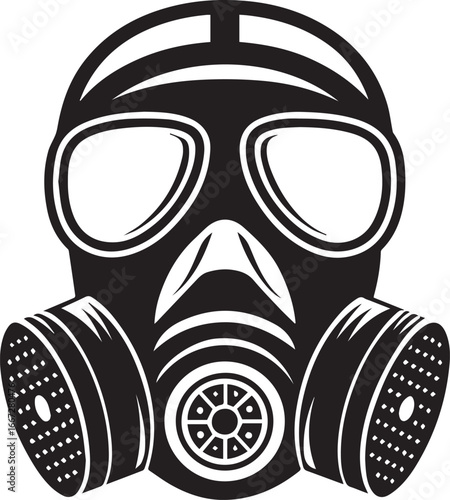 A man wearing a gas mask for protection against pollution and chemicals is isolated on a white background