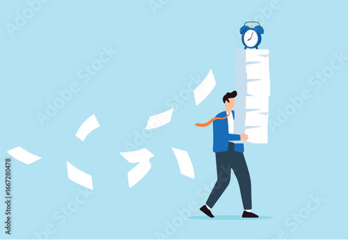 Businessman carrying heavy documents and paperwork, with alarm clock deadline atop pile. Concept of workload, overworked office routine, aggressive deadlines leading to exhaustion and burnout