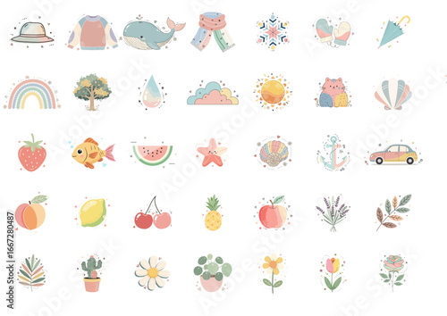 Collection of colorful icons, representing various hobbies, nature, and activities