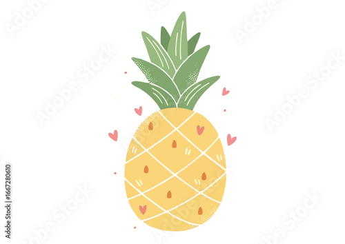 Cute smiling pineapple character illustration on white background with copy space