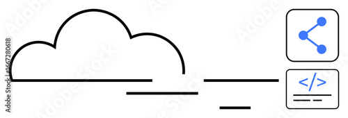 Simplified cloud beside sharing nodes and coding tag. Ideal for cloud technology, collaboration, data sharing, networking, software development, SaaS platforms, simple landing page