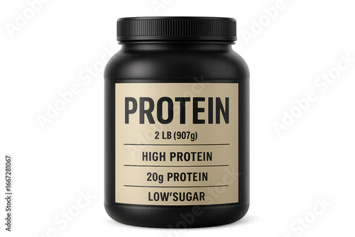 Black plastic jar of protein powder with transparent background
