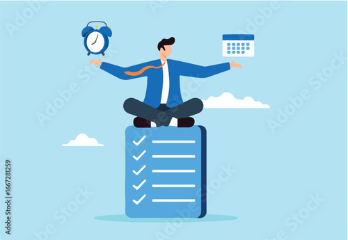 Flat illustration businessman meditate while balancing clock and calendar on completed task paper symbolizing self discipline