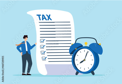Flat illustration of businessman hold tax document and alarm clock symbolizing tax deadline reminder