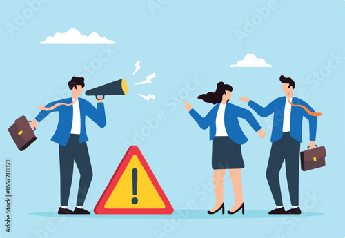 Flat illustration of businessman shouting into megaphone with exclamation sign warning colleagues about safety risks and important information