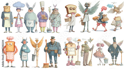 Whimsical cartoon characters dressed as bread people with quirky costumes, fantasy outfits, and imaginative personalities in a humorous style.