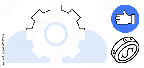 Gear symbolizes process optimization, with a thumbs-up for approval and success, and a coin for financial efficiency. Ideal for business strategy, quality assurance, finance, automation, innovation