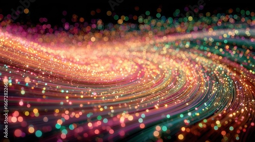 Abstract Swirling Light Trails with Bokeh Effect, Colorful Glowing Particles on Black Background, Festive Celebration, Modern Technology, Data Stream Visualization