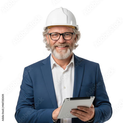 Smiling engineer holding tablet isolated on transparent background