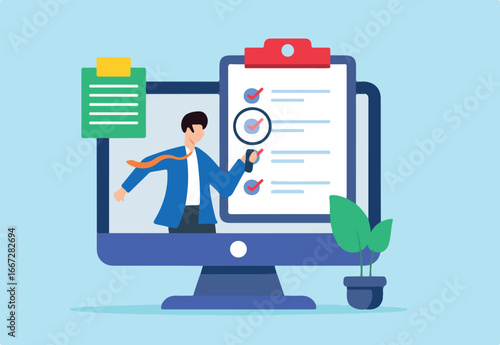 Flat illustration of executive examine business checklist in video call with magnifying glass on computer screen