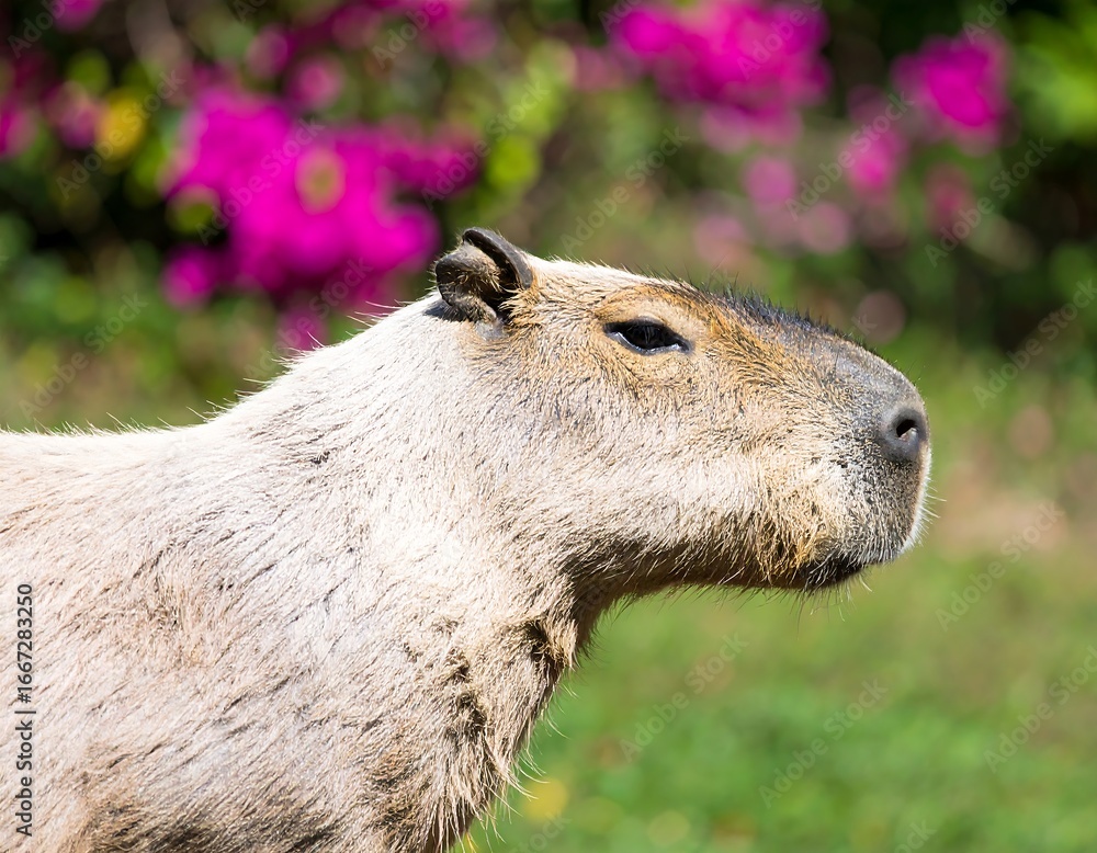 Fototapeta premium Close up profile of a capybara with pink flowers in the background.