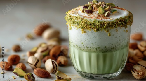 A close-up of a pistachio latte topped with whipped cream and crushed pistachios. Surrounding the glass are whole and chopped pistachios, creating a green pastry aesthetic.