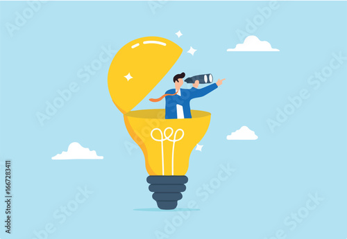 Businessman open lightbulb idea and using binoculars to see business vision