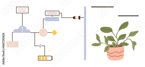 Flow diagram showcasing energy sources feeding a charging battery and powering plant growth. Ideal for renewable energy, sustainability, nature, innovation, eco-technology, clean energy, green