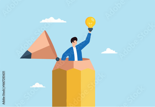 Flat illustration of young creative man open pencil top to discover new lightbulb idea