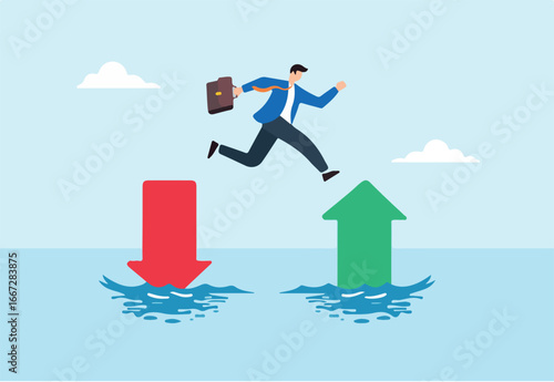 Flat illustration of businessman jumping from red down arrow to green up arrow over water to symbolize transition from failure to success and positive growth 