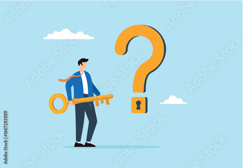Flat illustration of businessman holding big key to unlock question mark keyhole as symbol of problem solving critical thinking and finding answers