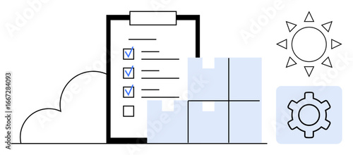 Checklist with checkmarks, four boxes, sun, gear icon, and cloud symbolizing organization, logistics, and system optimization. Ideal for logistics, supply chain inventory planning shipping