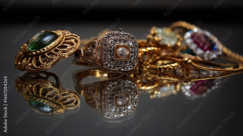 Naklejka premium Golden jewelry rings with gemstones luxury fashion closeup photography concept elegant background