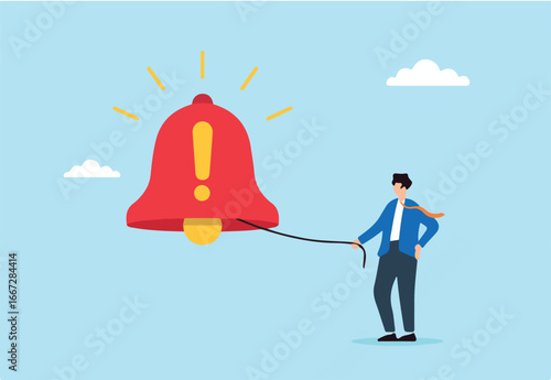 Flat illustration of businessman ringing giant alarm bell with exclamation symbol to signal emergency alert and draw public attention