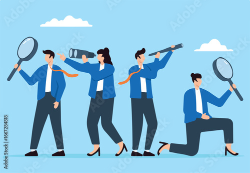 Professional business team with binoculars and telescope in flat design