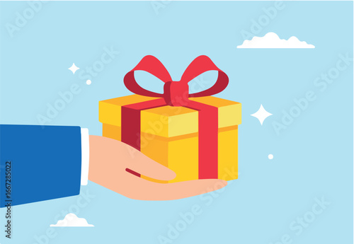 Flat illustration of businessman hand gives gift box with ribbon representing reward program or surprise for employees