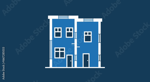 Simple flat design vector illustration of a modern blue duplex house or apartment building facade, an architectural concept for real estate and urban living