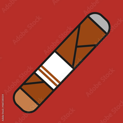 Stylized vector illustration of a classic cigar with a white band. A flat design icon symbolizing the habit of smoking, luxury lifestyle, and tobacco products