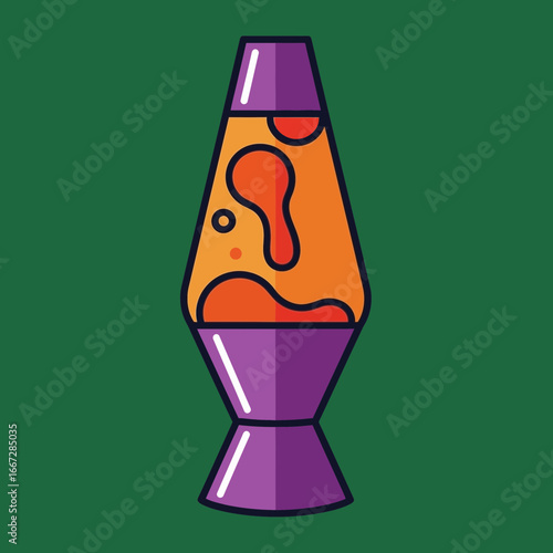A vibrant flat design illustration of a retro motion lamp. This decorative object with flowing orange wax brings a groovy and nostalgic 70s mood to any project