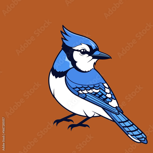 Stylized vector illustration of a majestic blue jay perched. A clean, graphic design of the wild songbird with vibrant blue and white plumage