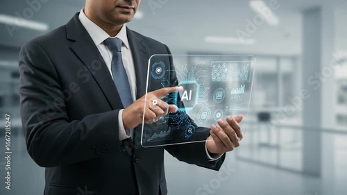 Businessperson interacts with a futuristic holographic display showcasing artificial intelligence data.
