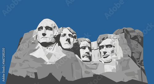 A stylized graphic illustration of the iconic Mount Rushmore National Memorial featuring four US presidents carved into the Black Hills of South Dakota