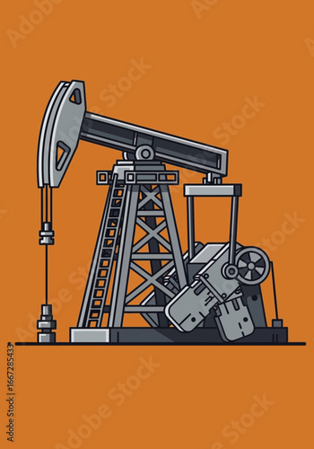 A flat vector illustration of an isolated oil pump jack, a symbolic representation of the fossil fuel industry and energy exploration