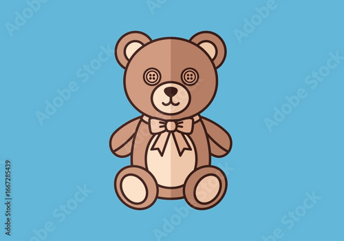 Vector graphic illustration of a charming brown teddy bear with button eyes and a ribbon bow. A cute, classic stuffed animal toy design for children's themes