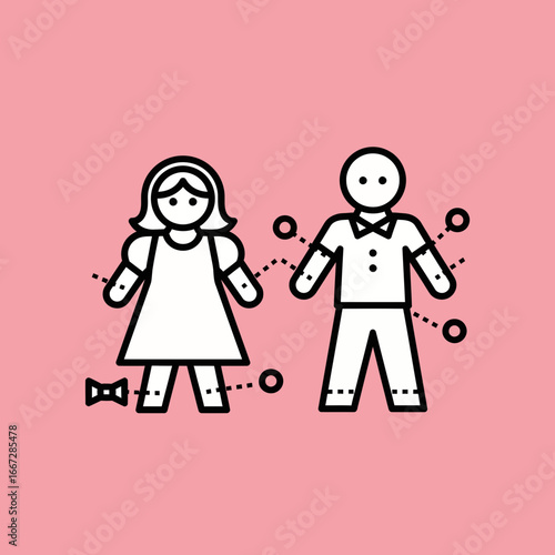 Monochrome line art illustration of a male and female doll with pins, symbolizing complex relationships, social manipulation, or voodoo curses