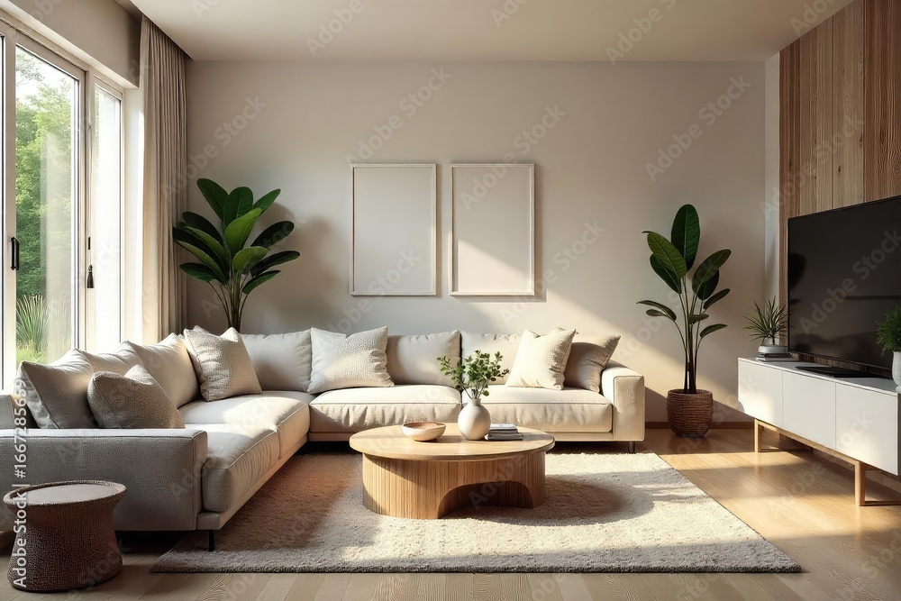 Fototapeta premium Cozy family room, inviting and comfortable, bathed in natural light Perfect for relaxation and family time Neutral tones and soft textures create a serene atmosphere , mantle, sofa, calm