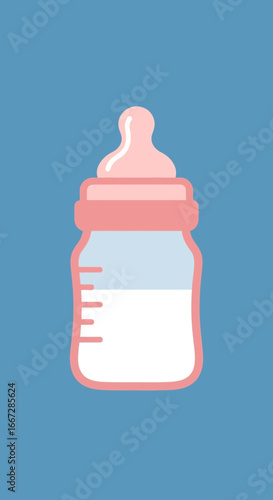A simple vector icon of a baby feeding bottle with milk. The pink and blue illustration represents newborn nourishment, childcare, and modern parenting graphics