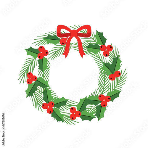 Festive Christmas wreath illustration with red holly berries and a bow, a classic winter holiday decoration vector graphic for seasonal design