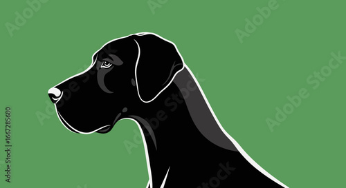 Elegant profile portrait of a large black dog in a minimalist vector illustration style. Noble canine head against a solid green background