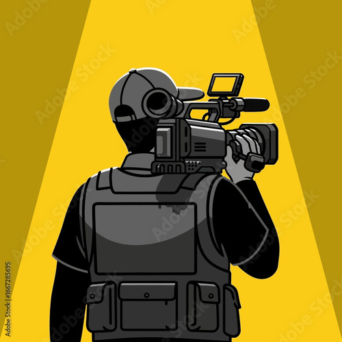 Illustration of a cameraman operator in a tactical vest filming under a bright spotlight, representing journalism, media, and breaking news coverage