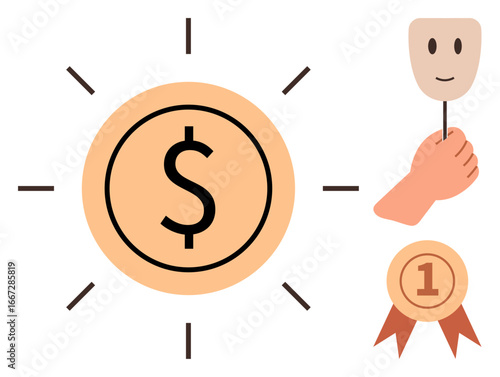 Dollar coin radiating light, a hand holding a smiling mask, and a first-place medal. Ideal for finance, success, achievement, identity, self-presentation, personal growth simple flat metaphor